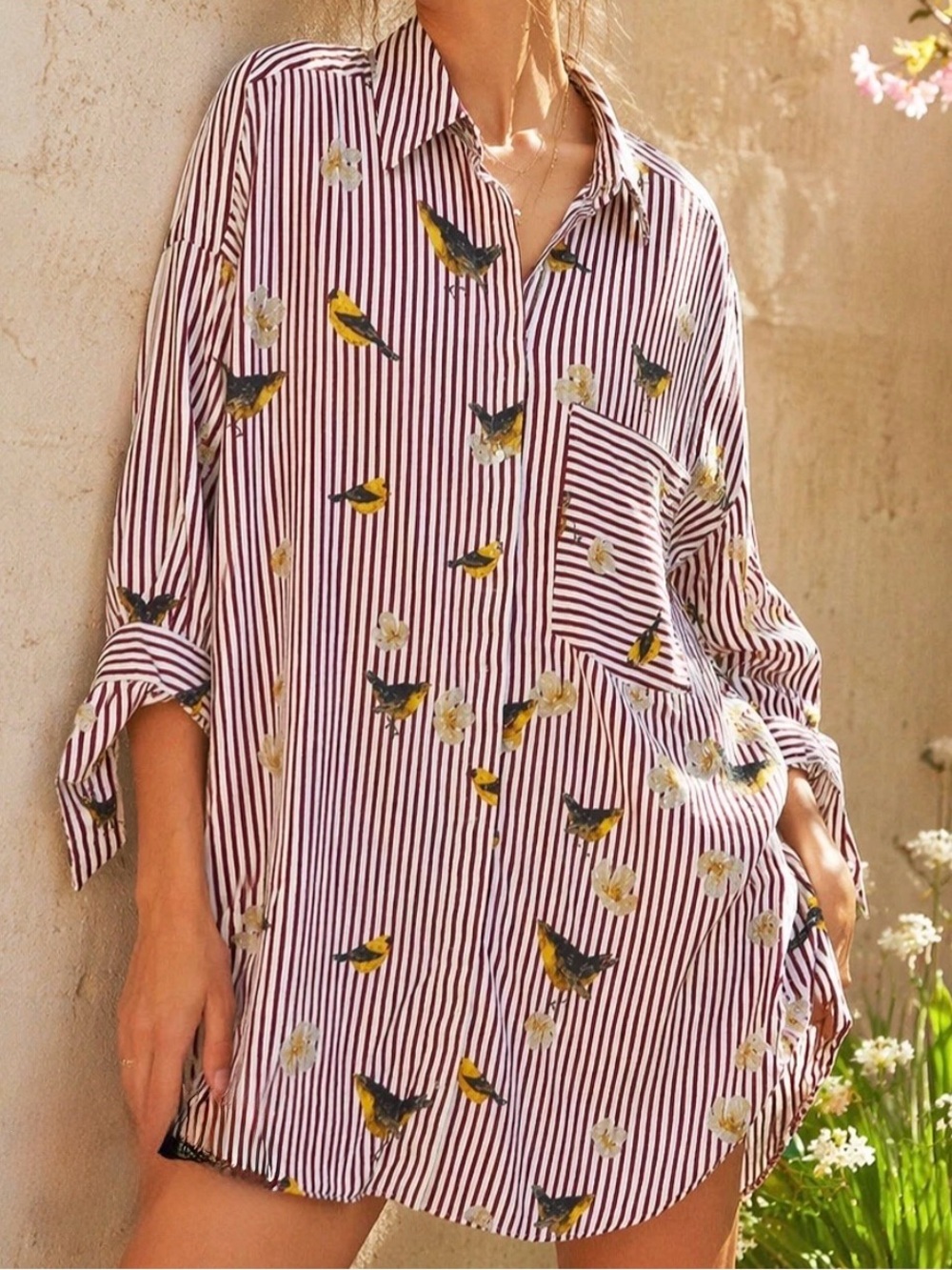 Zara Basic Striped Floral Bird Print Button-Up Tunic Shirt Dress.